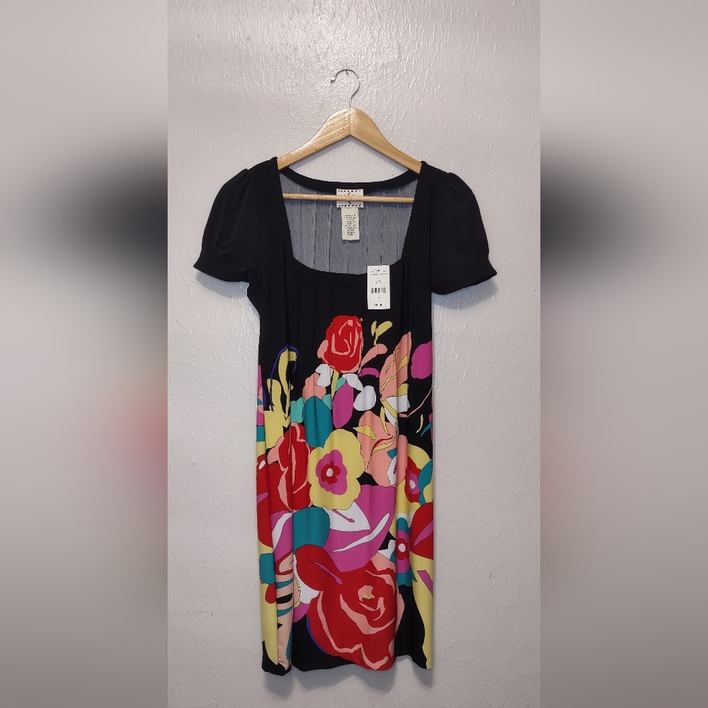 Black Floral Midi Retro Colorful Dress Womens Size Medium